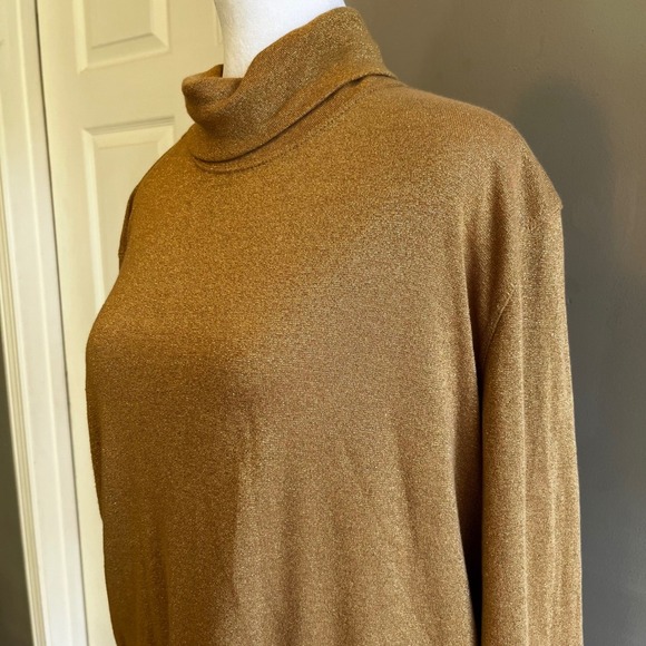 Gold Metallic Turtleneck Long Sleeve Top Sparkle Shimmer Holiday Party - Picture 3 of 8